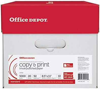Office Depot (R) Beyaz Kopya Kağıdı, 3 Delikli, 8 1/2 x 11, 20 Lb., 84 Parlaklık, 10 Raybalı Kasa